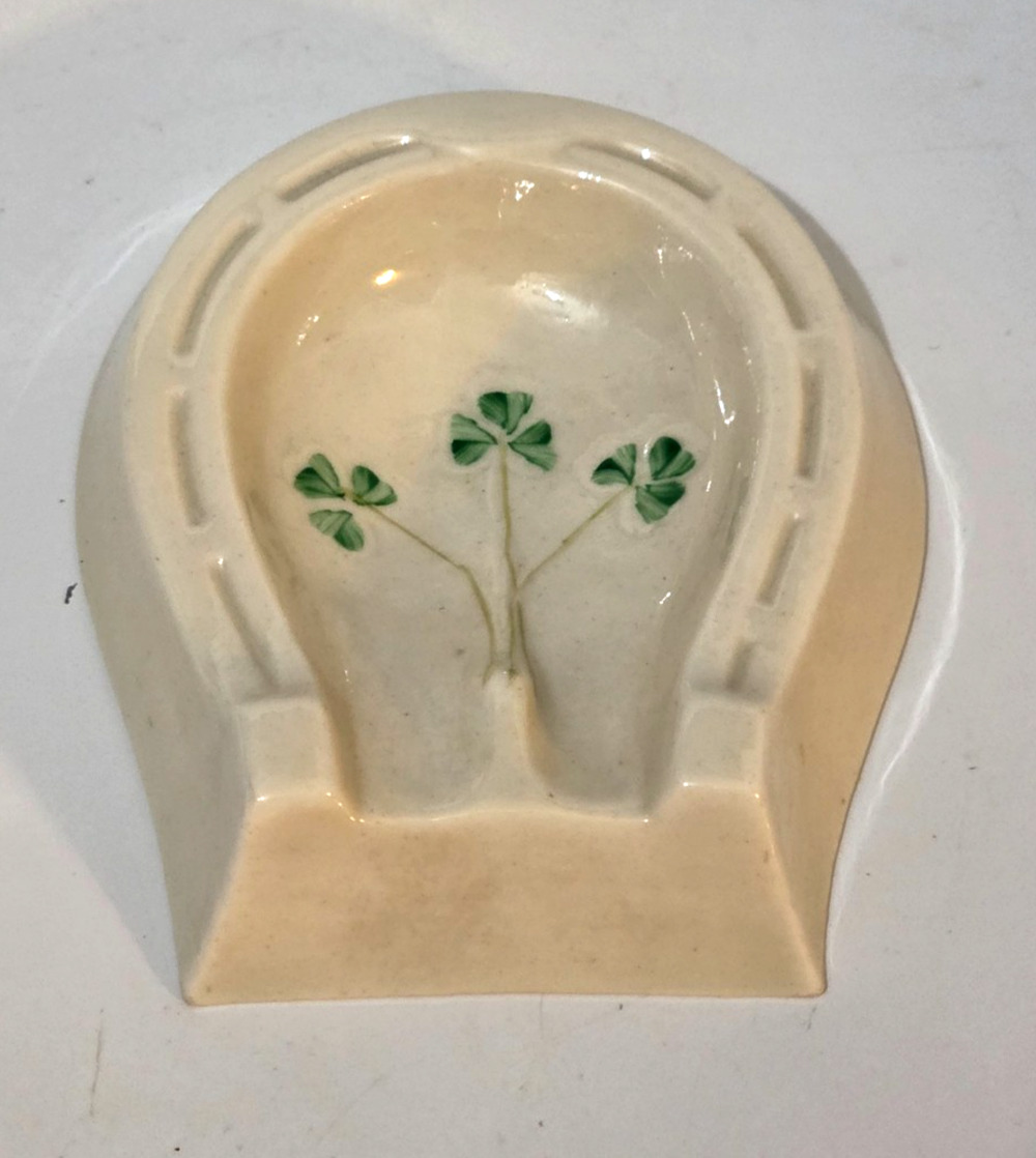 Belleek Porcelain Shamrock Ashtray Horseshoe Ivory/Green Printed Backstamp lucky